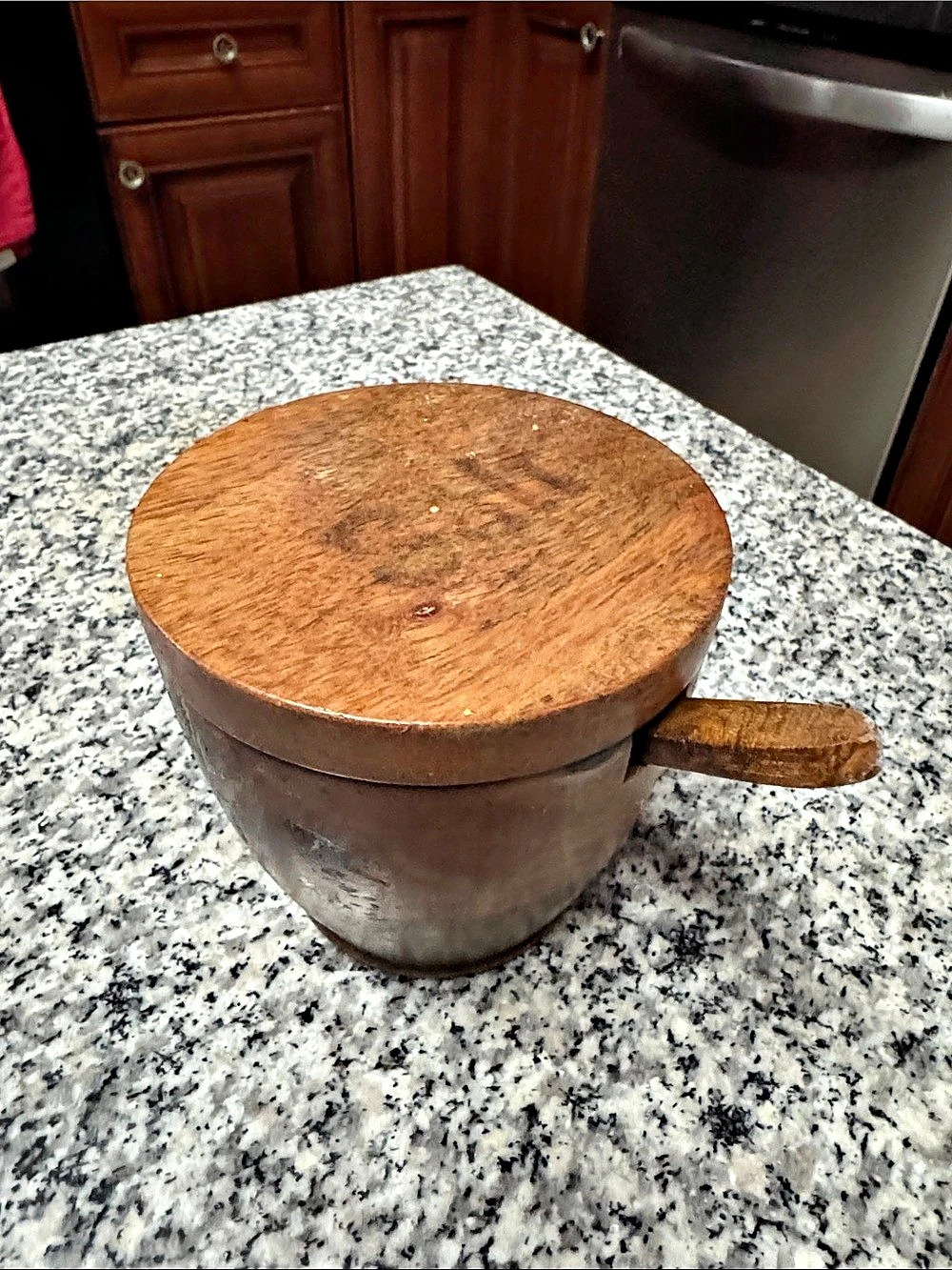 Wooden Salt Bowl with Lid and Spoon in Brown